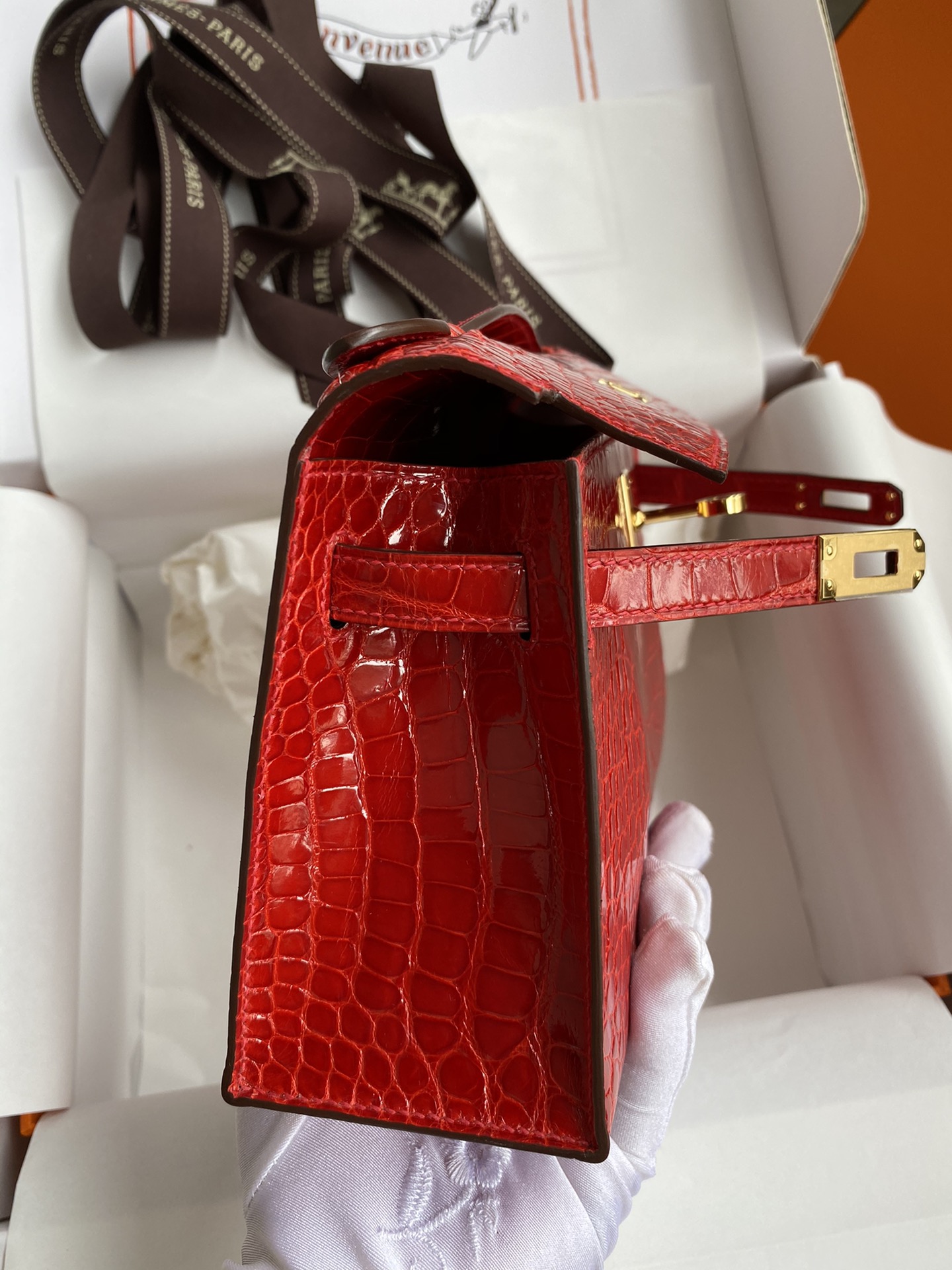 Hermes Mini Kelly Pochette 22cm Bag In Red Shiny Alligator Leather